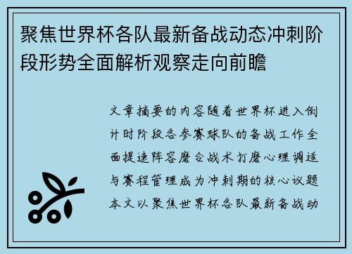 聚焦世界杯各队最新备战动态冲刺阶段形势全面解析观察走向前瞻
